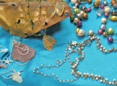 Jewelry made with Muntz metal off old shipwrecks, genuine sea glass or vintage beads.